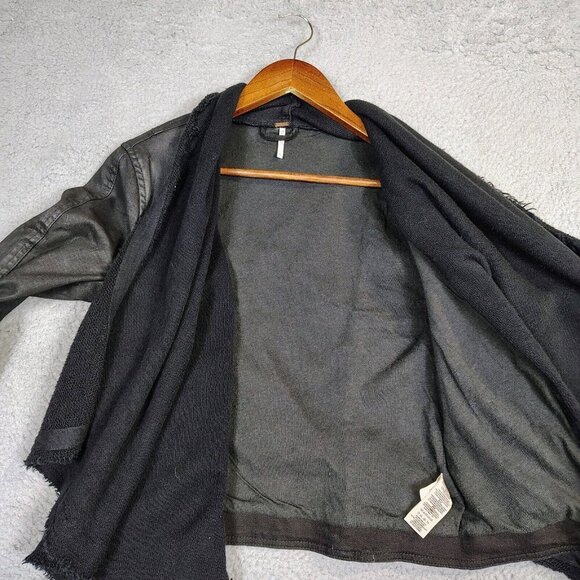 Free People Moto Jacket Women's 6  Black Waxed Denim Drape Front Crop Biker - Picture 3 of 12